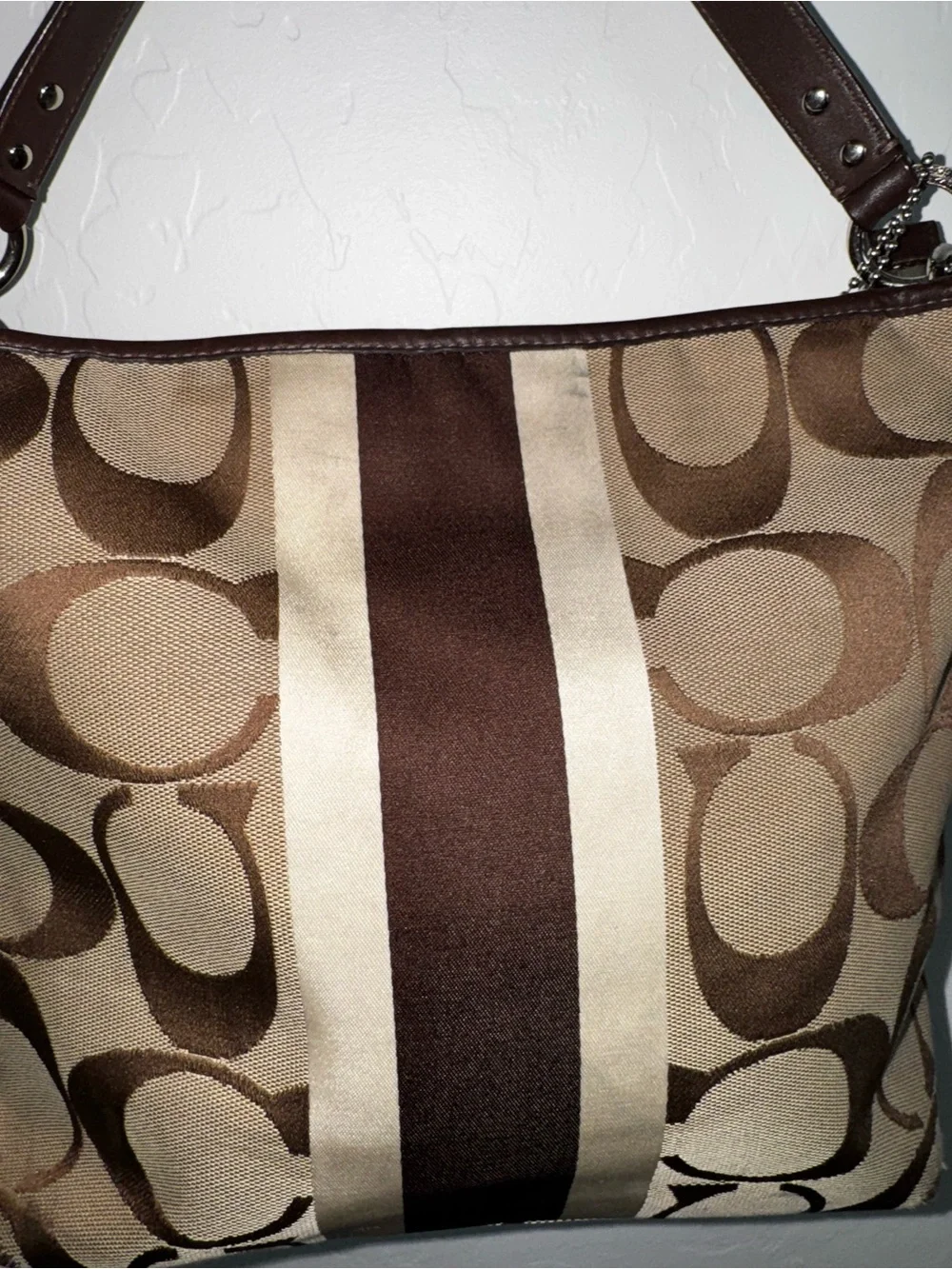 Coach Brown Signature Canvas Shoulder Bag with Dark Brown Stripe